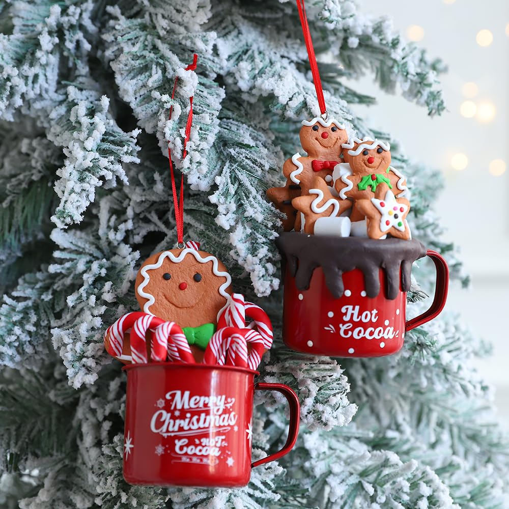 PageebO Gingerbread Man Mug Ornaments Set, 2Ft Clay Gingerbread Man in Mug Candy Shatterproof Pendents for Christmas Tree Decorations Indoor Outdoor Cute Xmas Decor Gift Home New Year Party Supplies