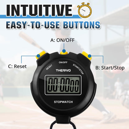 Therivo 2 Pack Digital Simple Silent Stopwatch Timer: Basic Stopwatch Only (No Laps), Easy to Use, Read, and Carry with Intuitive Buttons — On/Off, Large Display, Ideal for Kids, Sports, Coaches