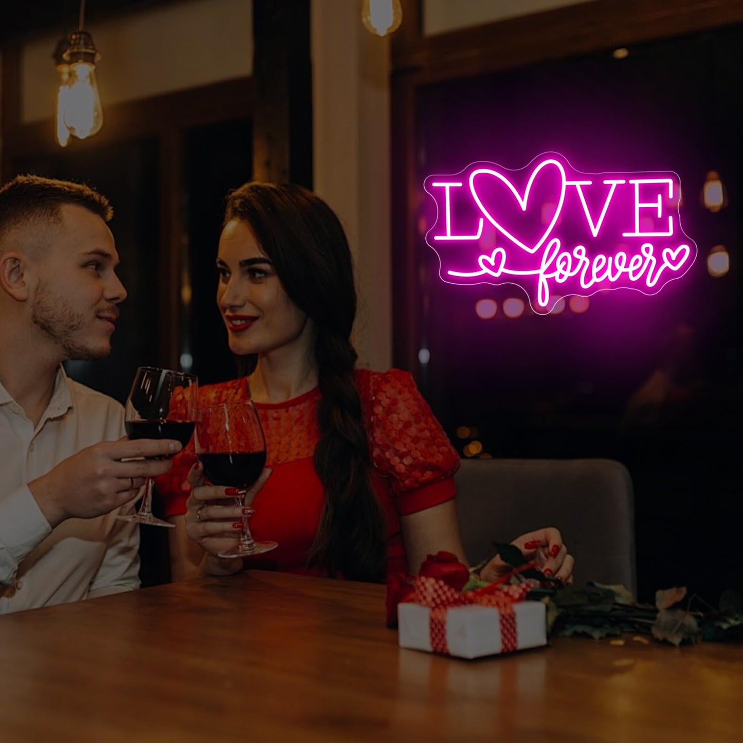 Love Forever Heart Neon Sign, Wedding Party LED Neon Light Valentine's Day Wedding Backdrop Decor Gift For Lover Valentine's Day Gift, LED Romantic Light, Couple Space Accent-Pink-16.5"