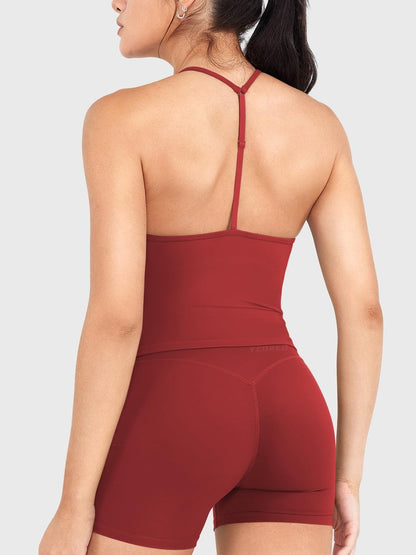 YEOREO CoreFlex Women's Impact Halter Tank Top Strappy Padded Open Back Deep V Neck Built-in Bra Workout Gym Crop Tops Maroon XL