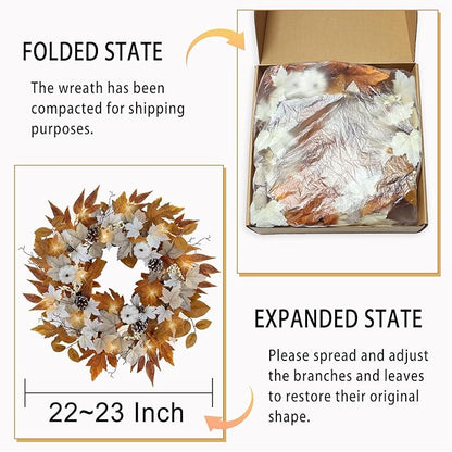 Fall Wreaths for Front Door Outside Autumn Wreath with Lights Berries Pine Cones Fall Decorations for Home Decor Pumpkin Wreath for Farmhouse Holiday Thanksgiving Harvest Halloween Outdoor
