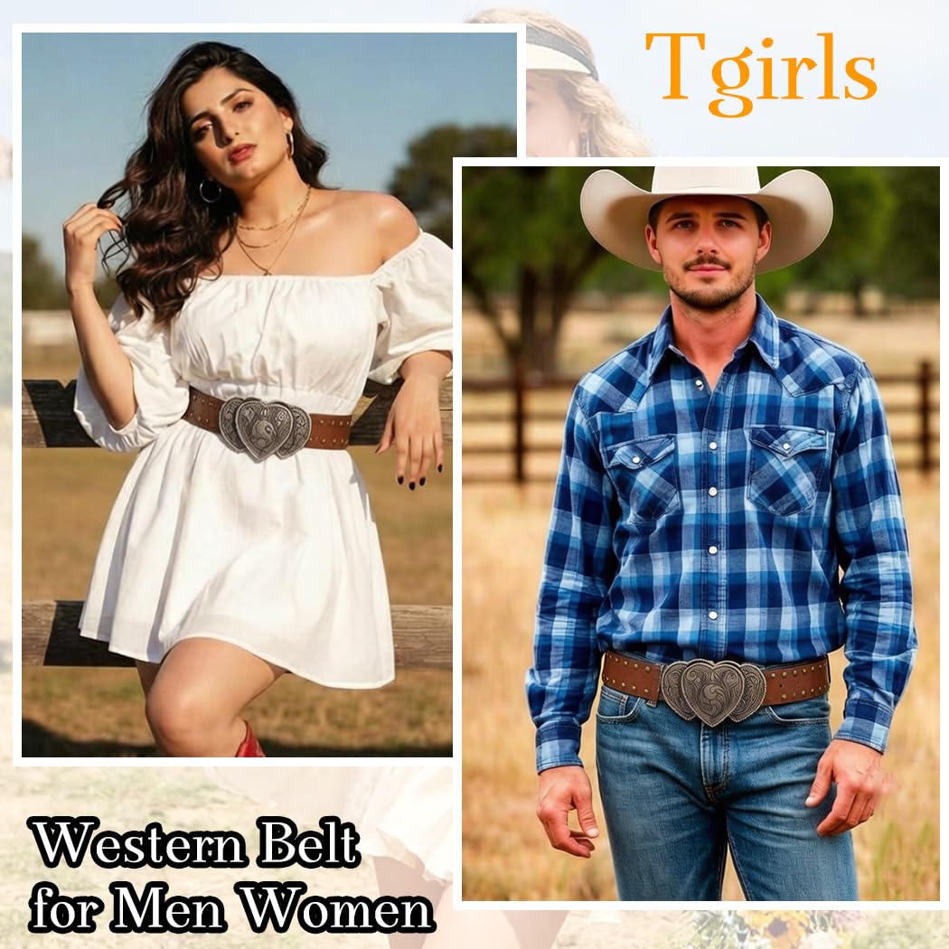 Tgirls Western Leather Belts for Women Men Heart Buckle Vintage Belt for Jeans Dress Cowgirl Cowboy Waist Belts (Brown)