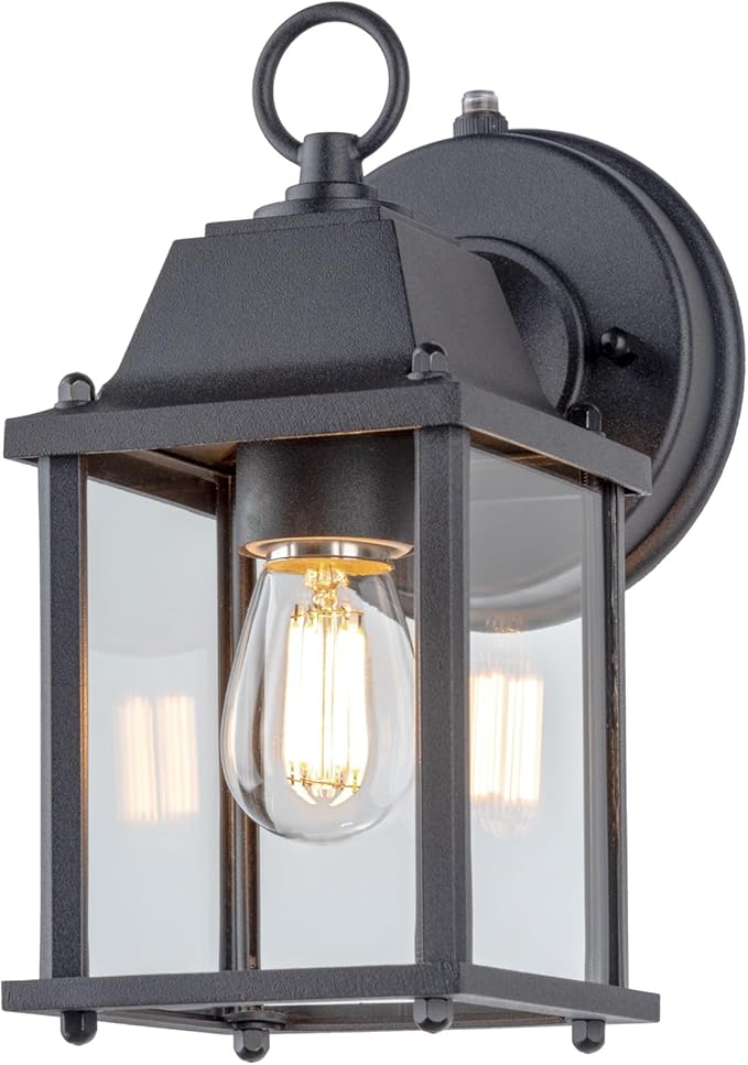 LIT-PaTH Dusk to Dawn Outdoor Wall Lantern, Wall Sconce Waterproof Porch Lighting Fixture, E26 Base, Aluminum Housing with Glass Shade, 1-Pack, Black