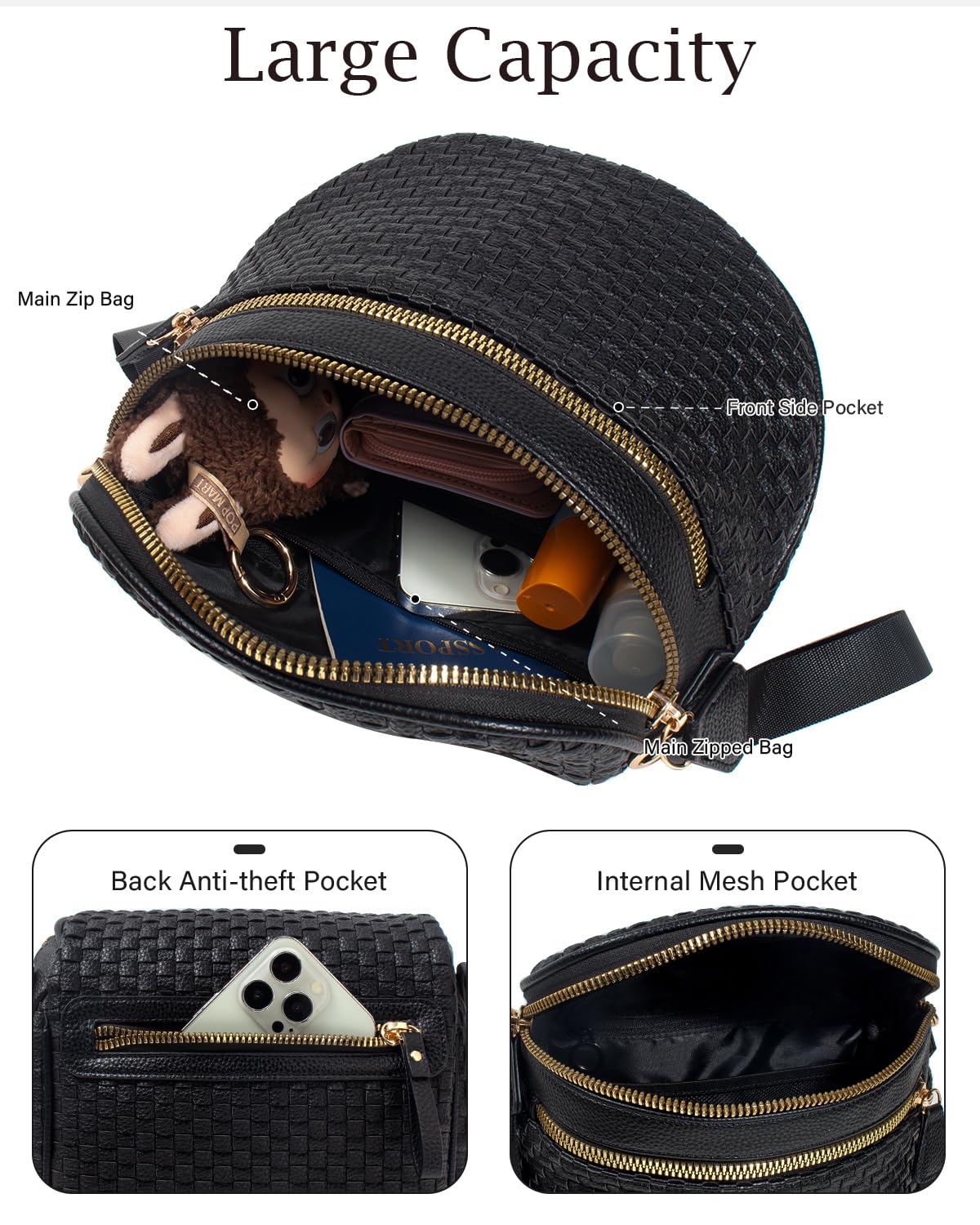 Valentoria Large Woven Leather Crossbody Bags for Women Bum Bag Sling Bag Purse With Adjustable Strap Detachable Wallets Must Haves Cross body Bag (Black Checkered)