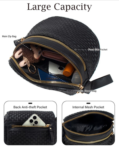 Valentoria Large Woven Leather Crossbody Bags for Women Bum Bag Sling Bag Purse With Adjustable Strap Detachable Wallets Must Haves Cross body Bag (Black Checkered)