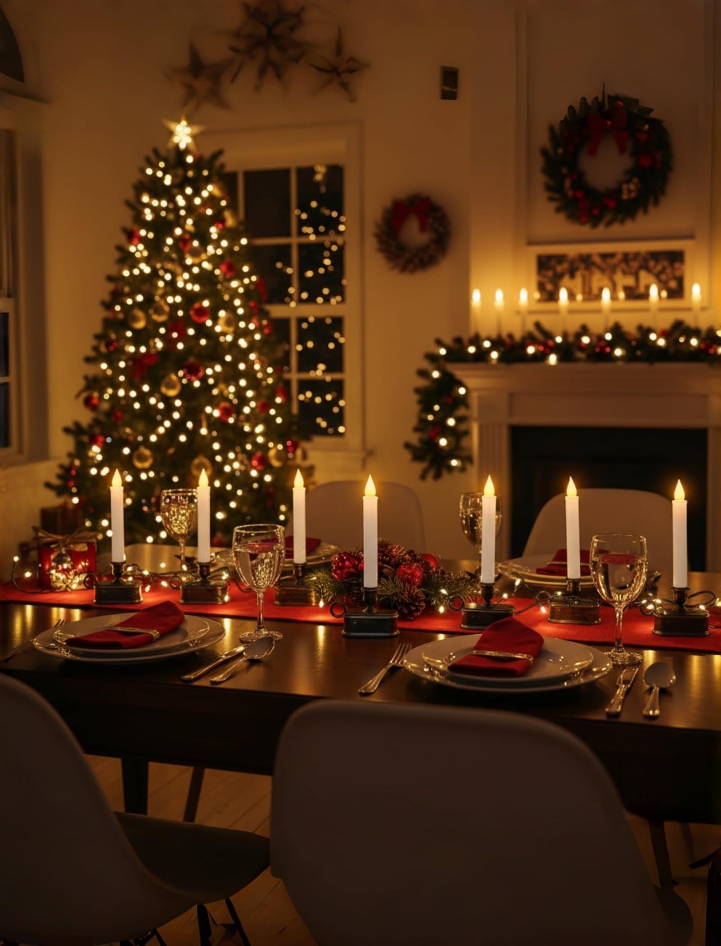 4 Pcs Christmas Window Candles with LED Electric Candles Flickering Lights, 10 Inch Battery Operated Candle with Sensor Dusk to Dawn for Table Party Christmas Decoration,Bronze Base