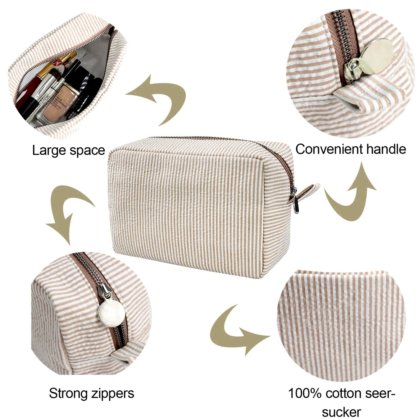 GFU Cosmetic Bags for Women, Seersucker Cosmetic Bag, Travel Toiletry Stripe Makeup Bag, Large Women Aesthetic Organizer Storage Pouch, Girls Handbags Purses, brown
