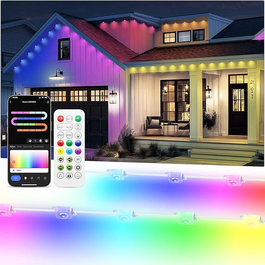 100FT Permanent Outdoor Lights Pro, 50 IC+RGBCW Smart Eaves Lights with 48 Scene Modes, IP67 Waterproof Outside String Lights for House Halloween, Christmas All Year Decor, APP/Remote Control