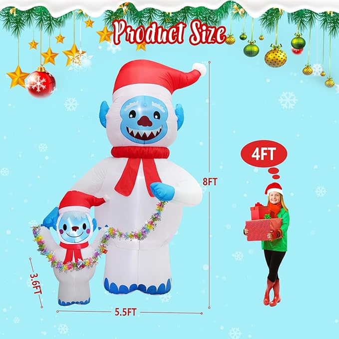 8FT Christmas Inflatables Yeti Family with Santa Hat, Christmas Blow up Yard Decoration Inflatable Snowman Monster Built-in 4 LED for Christmas Decorations Outdoor Indoor Xmas Gifts