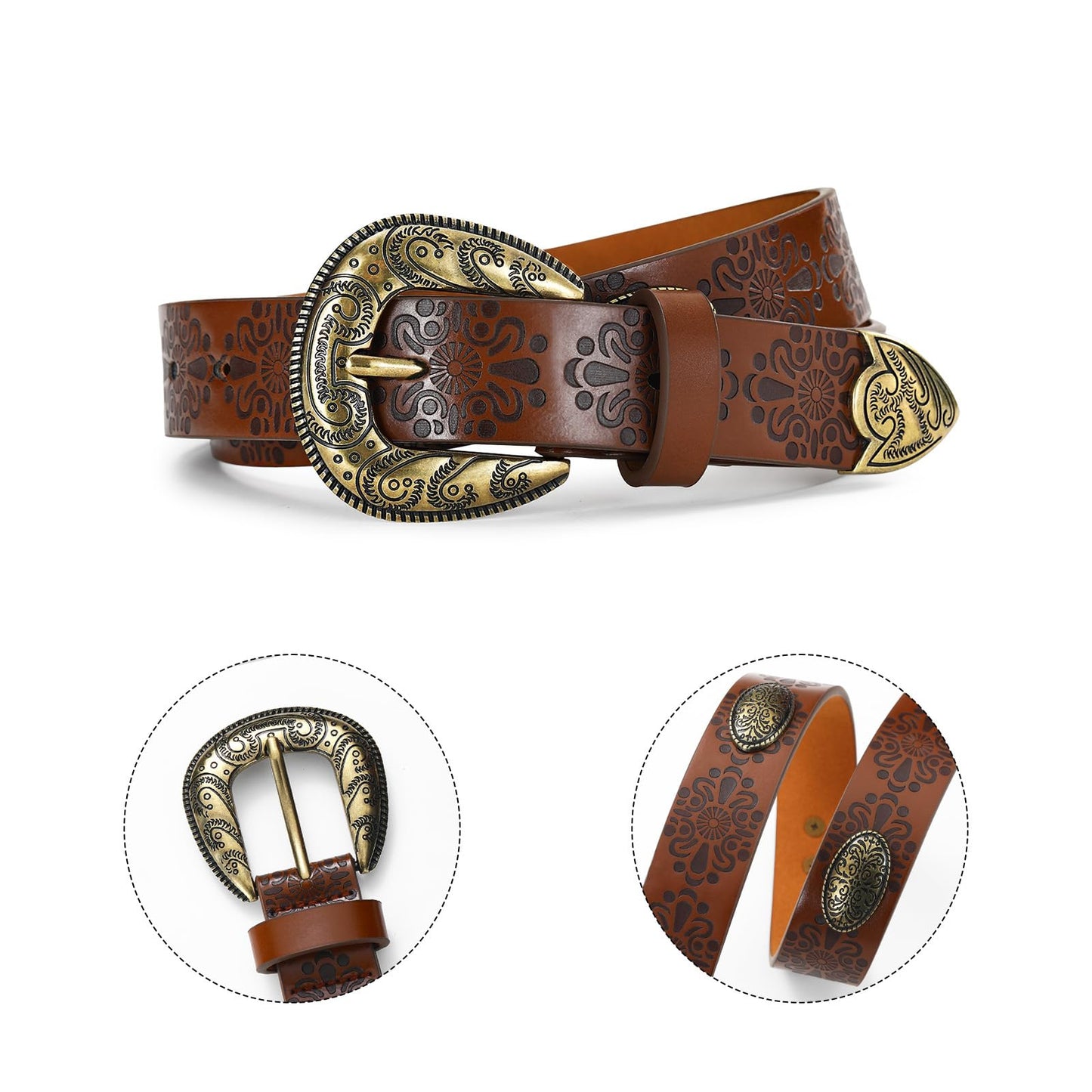 IDUNNVERVE Western Cowgirl Belts for Women – Brown Leather Belt for Jeans with Vintage Country Cowboy Buckle