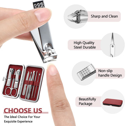 Geosar 12 Sets Manicure Set Nail Clippers Pedicure Kit 8 in 1 Grooming Stainless Steel Kits Nail Care Tools with Travel Case for Employee Coworker Teachers Nurse Gifts(Wine Red)