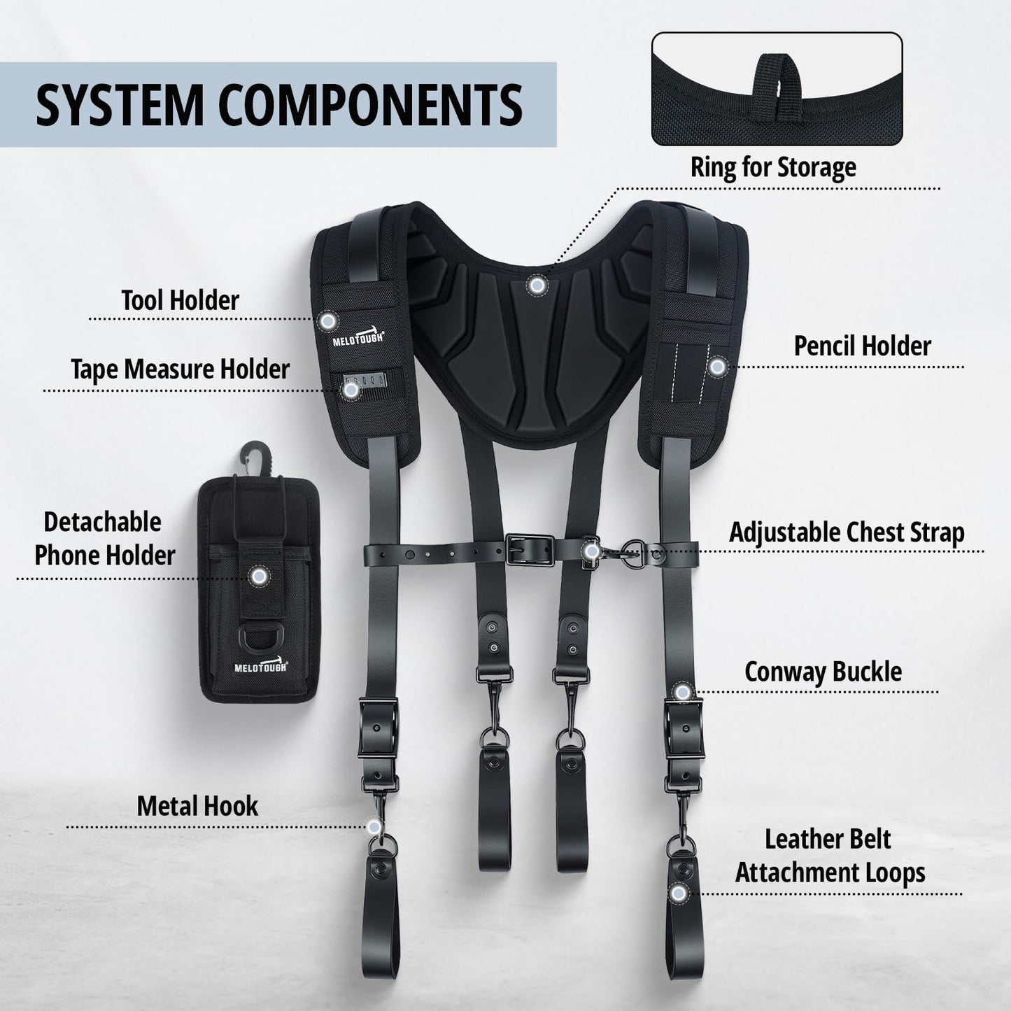 MELOTOUGH Oil Tanned Leather Padded Tool Belt Suspenders for Men,Carpenter Tool Bag Suspenders- Heavy Duty & Padded Support w/Adjustable Chest Strap,Electrical Worker,Gifts for Men,Black
