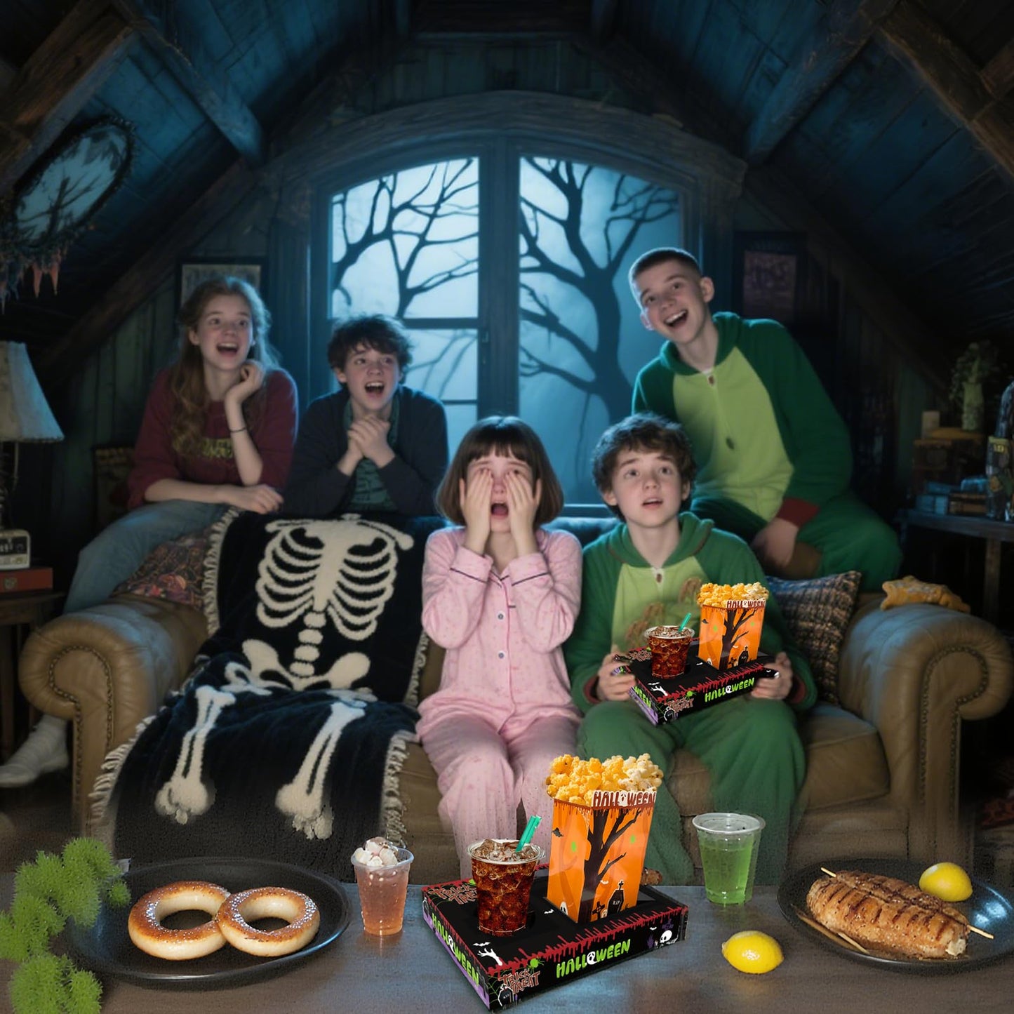 Movie Night Supplies(24pcs)-Neon Style Movie Night Snack Trays*12+Popcorn Buckets*12,Kid's Birthday Party,Game Night,Movie Night Snack Trays with Popcorn Bags. (Horror theme)