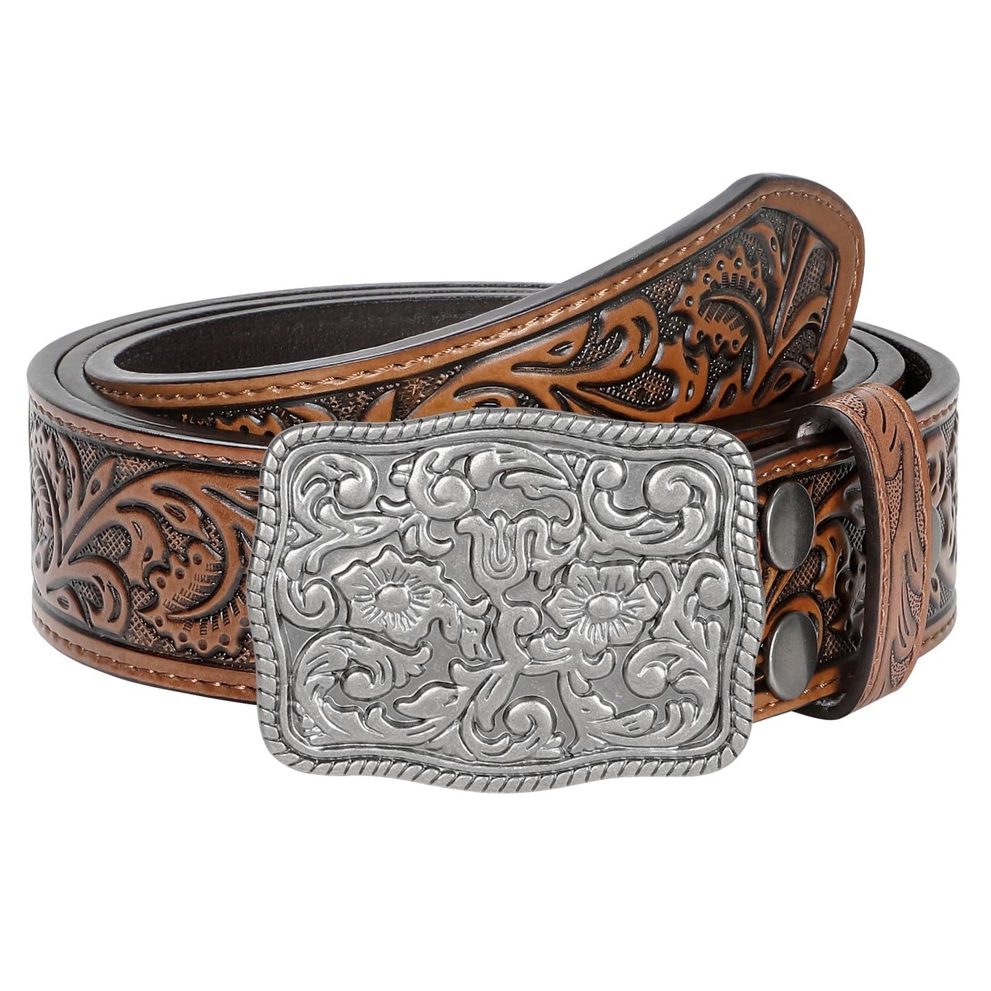 TRIWORKS Western Belts for Women Men Cowgirl Cowboy Embossed Engraved Tooled Leather Belt with Buckle for Jeans Pants Rodeo,E-Brown,Fit Waist Size 30"-34"