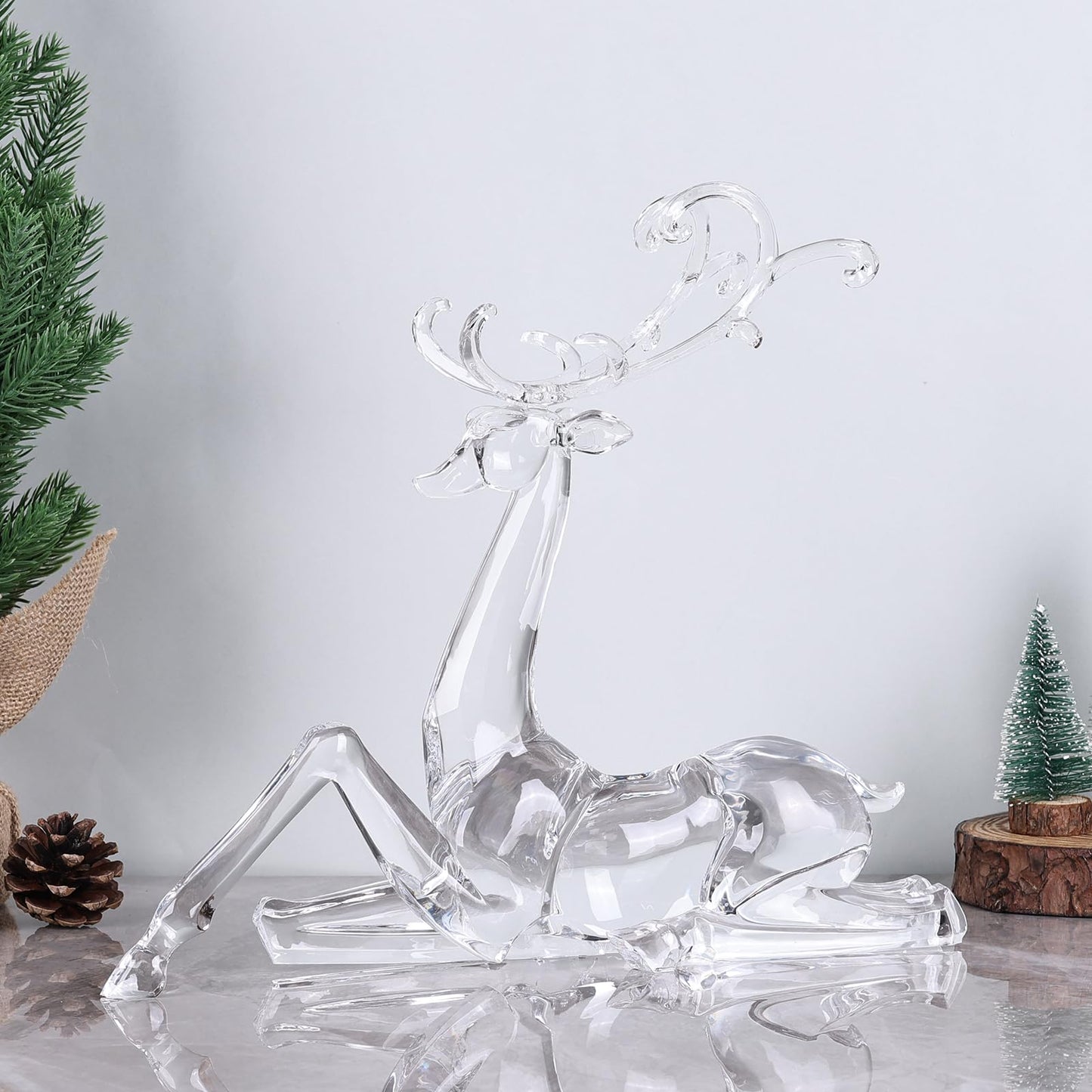 LINYTHER Large Luxury Clear Acrylic Reindeer Figurine for Christmas Decor, Elegant Transparent Crystal-Like Deer Sculpture for Table, Shelf, and Decorative Centerpiece (White Sitting 11.4")