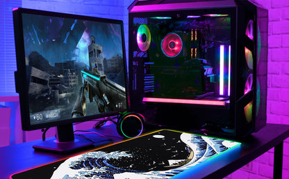 MEWOOCUE Gaming Laptop Mouse Pad,Sea Wave Big Mice Pads PC Keyboard Waterproof and Non-Slip 31.5 x 11.9 0.12" Thick XL,XXL Rubber Table Mat, RGB Led with 10 Lighting Modes+9 Color Changing Modes Mat