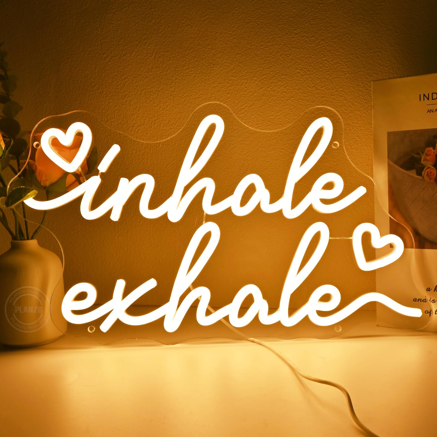 Planzo Inhale Exhale Led Neon Sign Light With Heart Yoga Gym Room Studio Bedroom Wall Sign Decor Birthday Christmas Party Decor Gifts USB 15.75"x9.06" Warm White