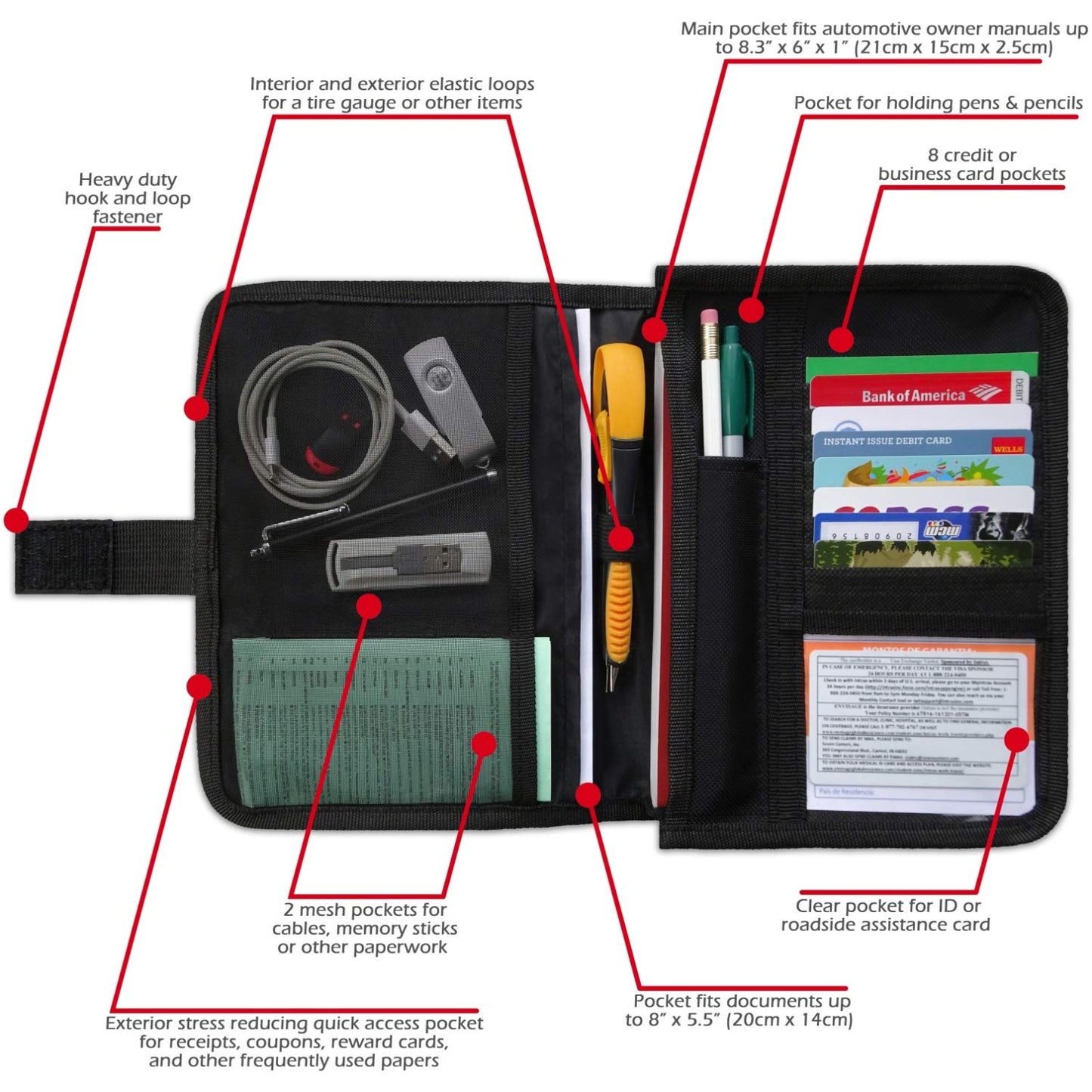 Glove Box Compartment Organizer - Car Document Holder - Owner Manual Case Pouch - Vehicle Storage Wallet for Registration & Insurance Card - Premium Auto Paperwork Holder - Log Book included - Black