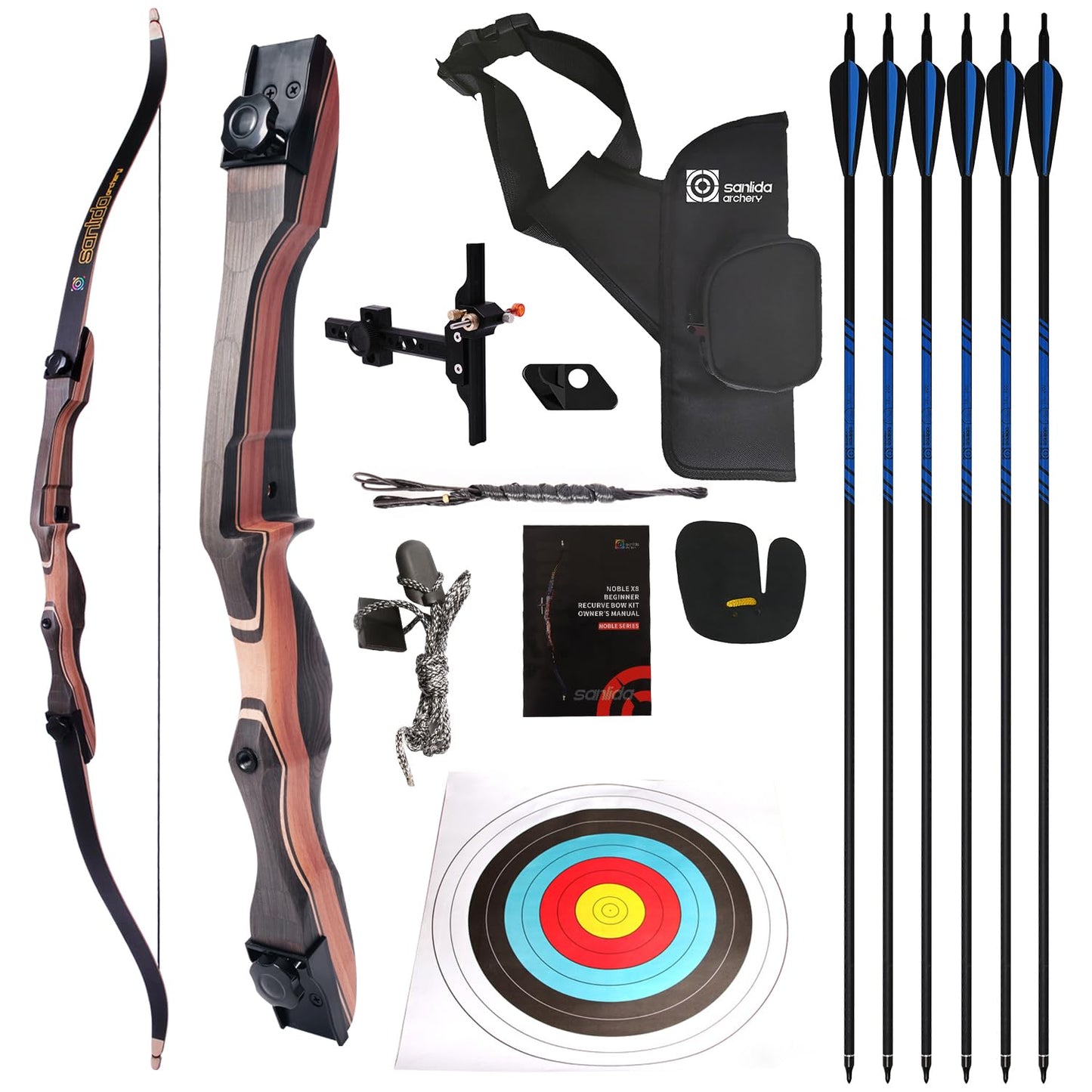 Sanlida Noble Standard Beginner & Intermediate Recurve Bow and Arrows Kit for Adult and Youth, Wooden Takedown Recurve Bow Package for Training, Practice & Competition RH Only (54", 10lbs)