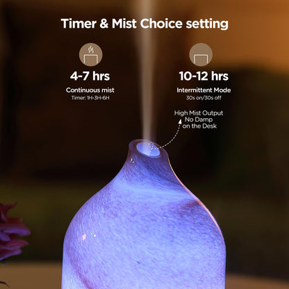Essential Oil Diffuser Hand Blown Glass Aromatherapy Diffuser - Ultrasonic Cool Mist Scent Aroma Diffuser, Whisper Quiet with Auto Shut-Off, Timer Setting &7 Colors Night Light for Home