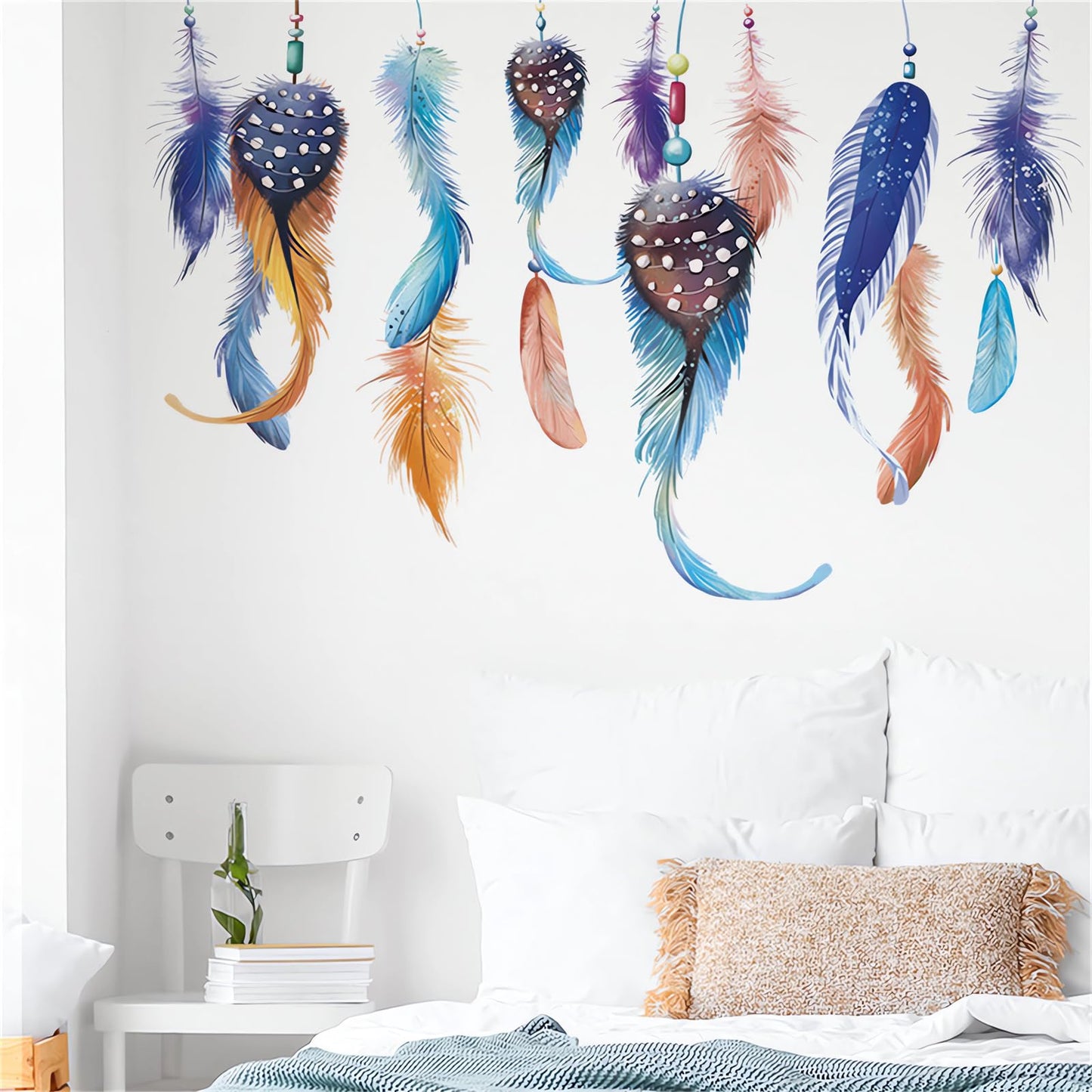 Hanging Dream Feather Wall Stickers, sacinora Plume Wall Decals Removable Vinyl Peel and Stick for Living Room Bedroom Children's Room Sofa TV Background Art Decorations