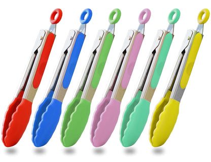 Small Silicone Tongs 7-Inch Mini Serving Tongs, Set of 3 (Black Gray White)