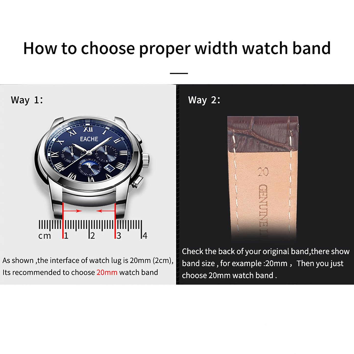 EACHE 20mm Watch Band Quick Release Leather Watch Bands for Men Black Alligator Grain Pattern Leather Watch Straps with Silver Butterfly Deployment Clasp