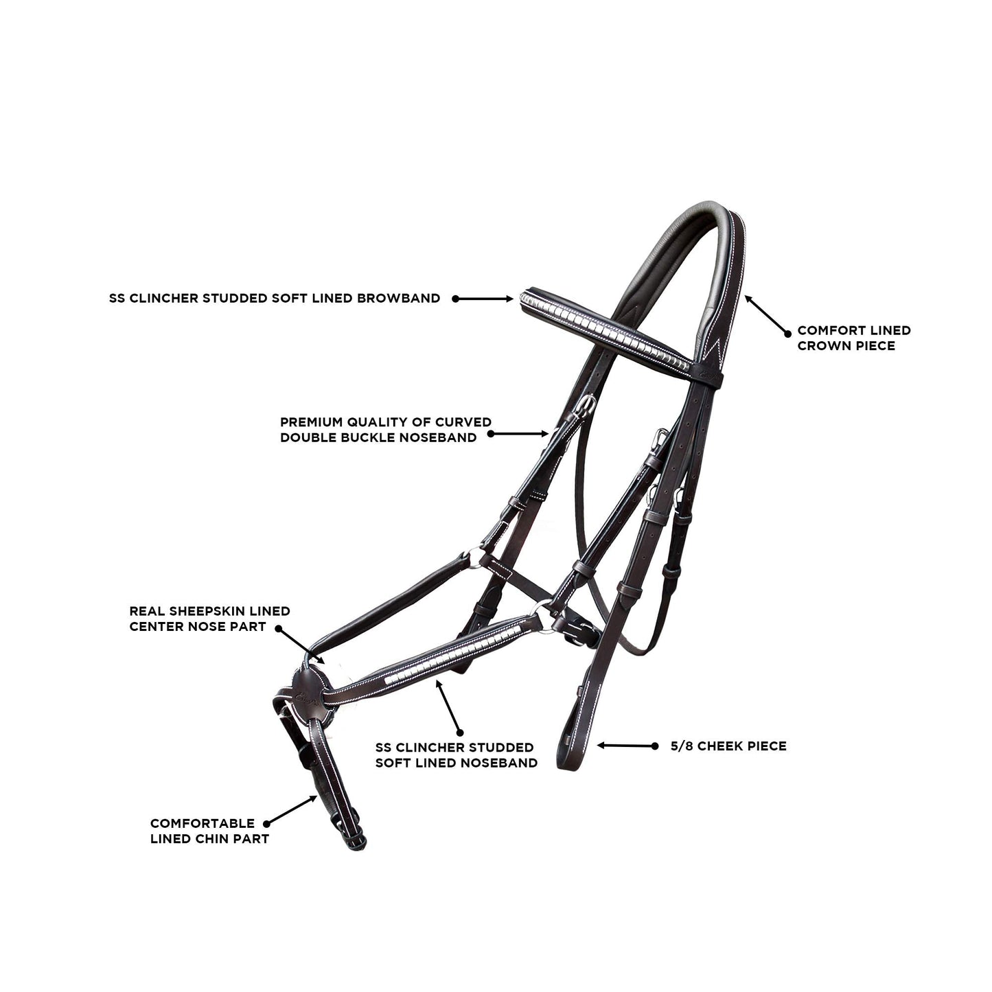 Exion Premium English Leather Figure 8 Bridle with Silver Clincher Noseband & Browband | Soft Padded Anatomical Crown Piece | Rubber Reins | Adjustable Fit | Jumping, Hunter, Eventing