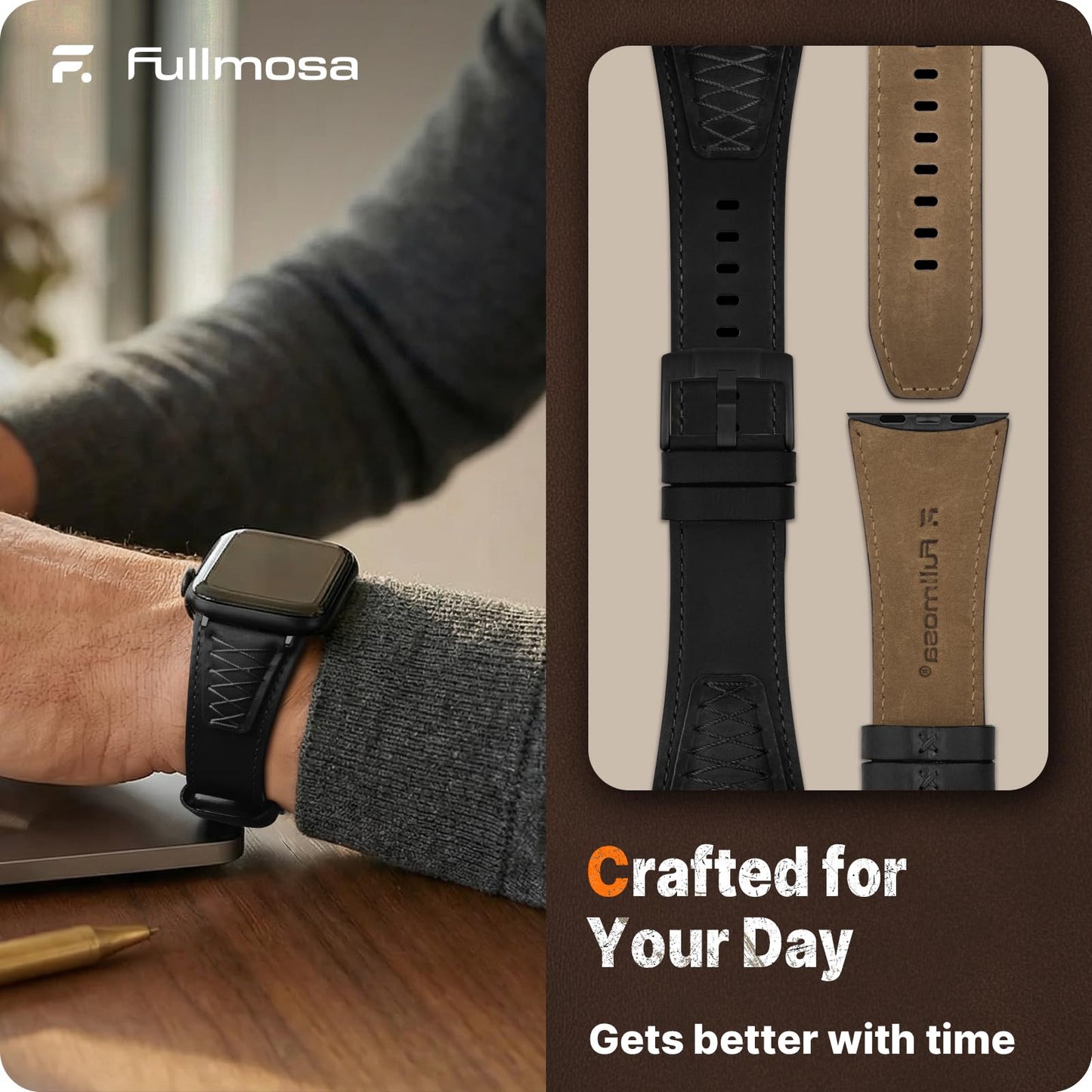 Fullmosa Leather Band Compatible with Apple Watch Ultra 3/2/1 Band 49mm 46mm 45mm 44mm 42mm Men, Top Grain Leather Replacement Strap for iWatch series 11 10 9 8 7 6 5 4 3 2 1, SE 3 2 1,Black+Black