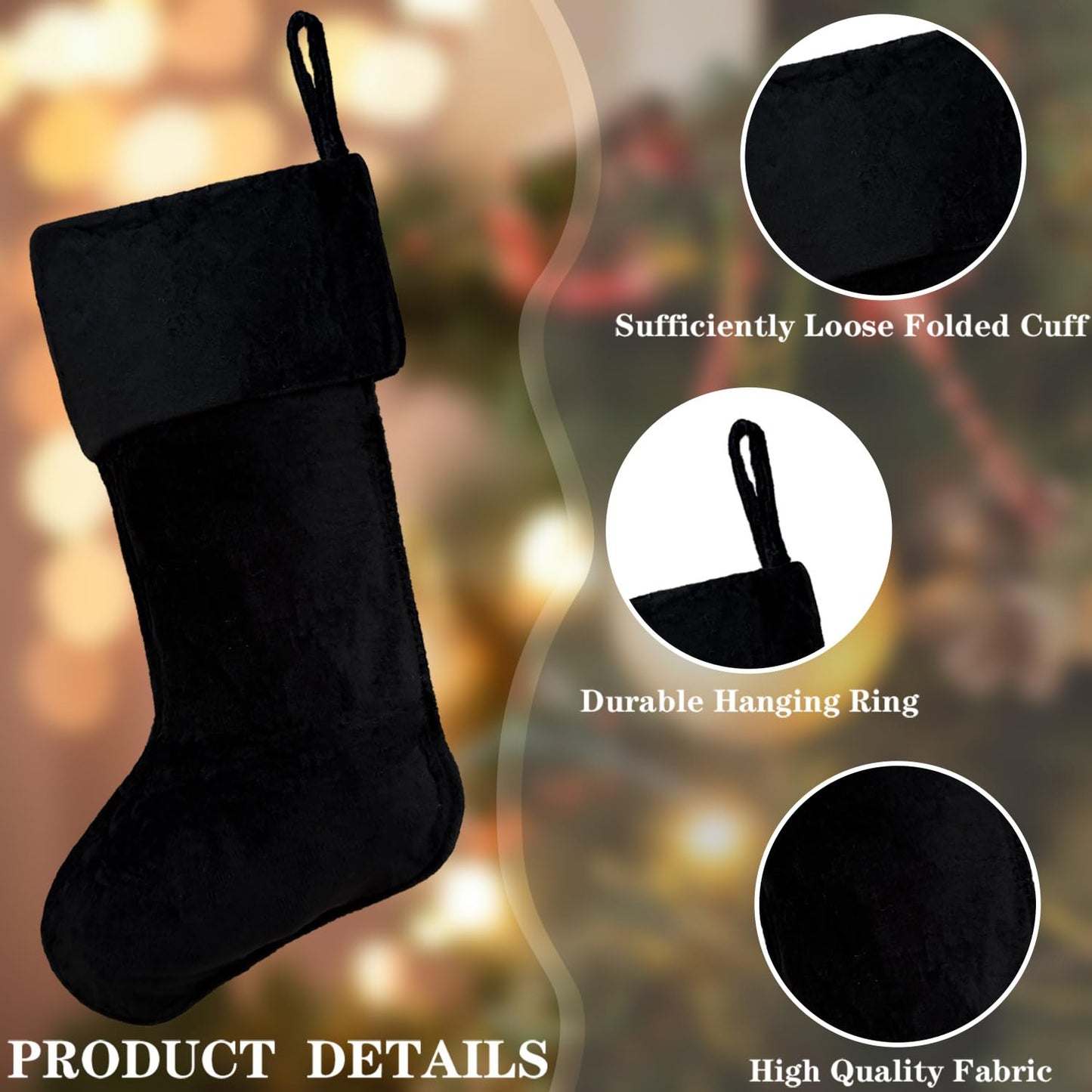 APAEAT 20 Inch Christmas Stocking Black Classic Personalized Christmas Stockings Soft Fireplace Hanging Stockings Large Faux Fur Xmas Stocking for New Year Holiday Party Decorations