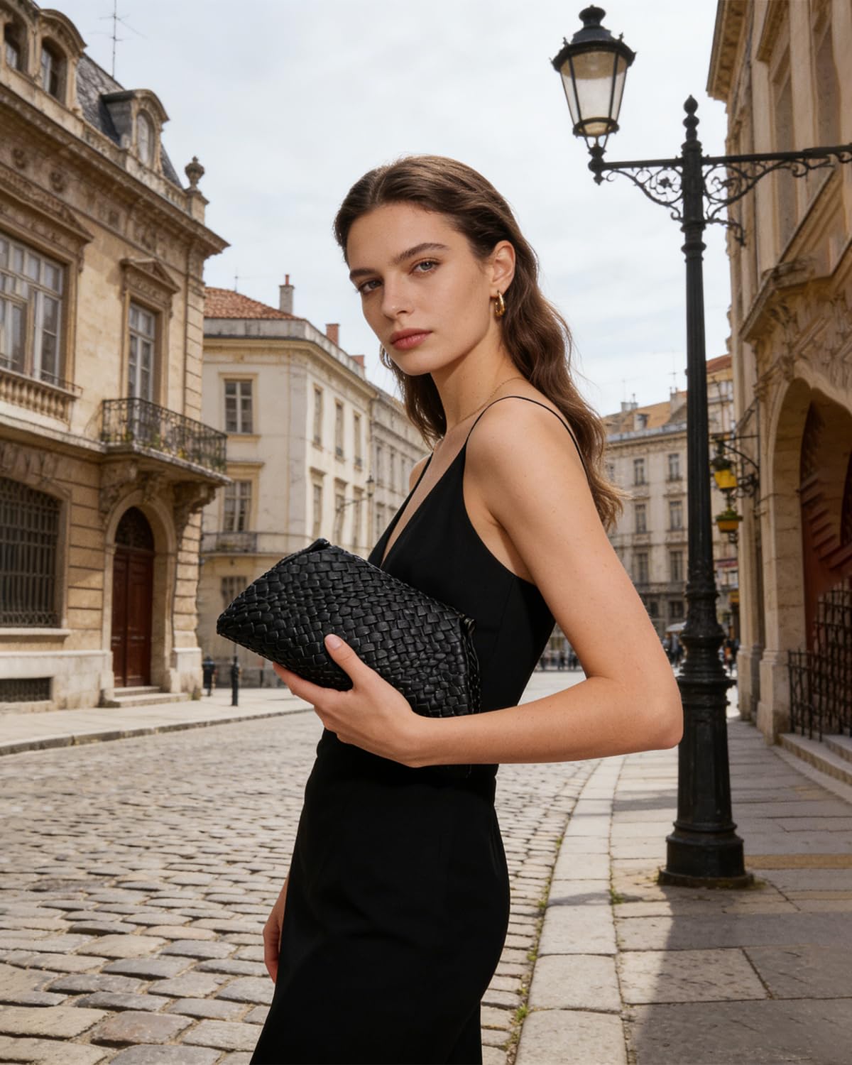 SUANNI Black Woven Vegan Leather Evening Bag, Dumpling Clutch Purse for Women, Shoulder Crossbody Bags with Adjustable & Detachable Strap, Clasp Closure Handbag for Party Wedding Weekends