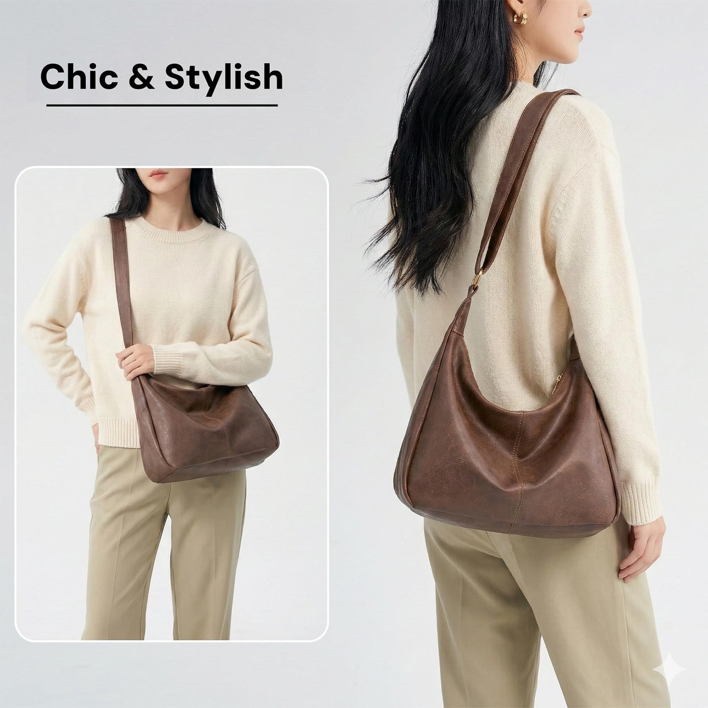 Purses for Women Slouchy Shoulder Bag Hobo Bag Soft Vegan Leather Adjustable Wide Strap Crossbody Tote Multi Pocket Handbags (Brown)