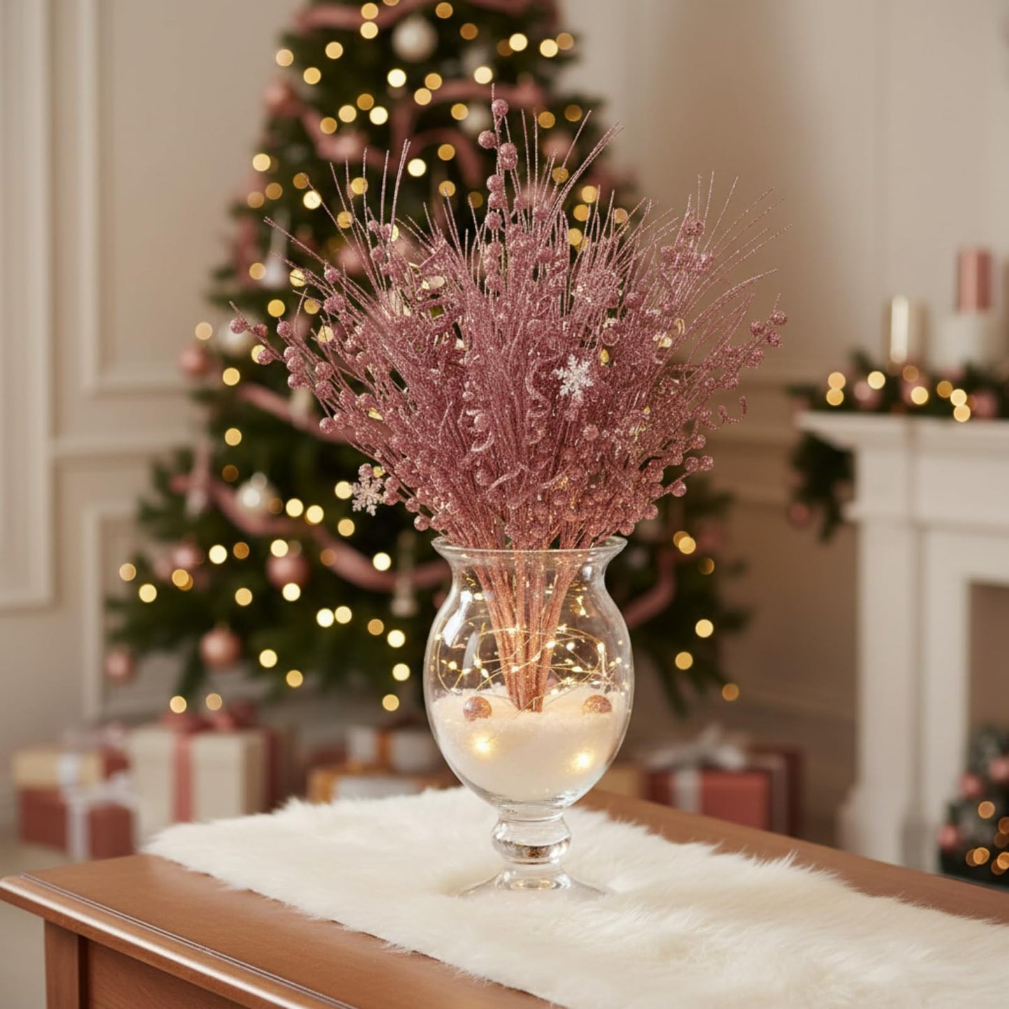 Crowye 24 Pcs Christmas Tree Picks and Sprays Christmas Tree Filler Decorations Artificial Glitter Berry Stems Branches Picks for Xmas Trees Topper Glittery Twigs for Vases Wreath Decor(Rose Gold)
