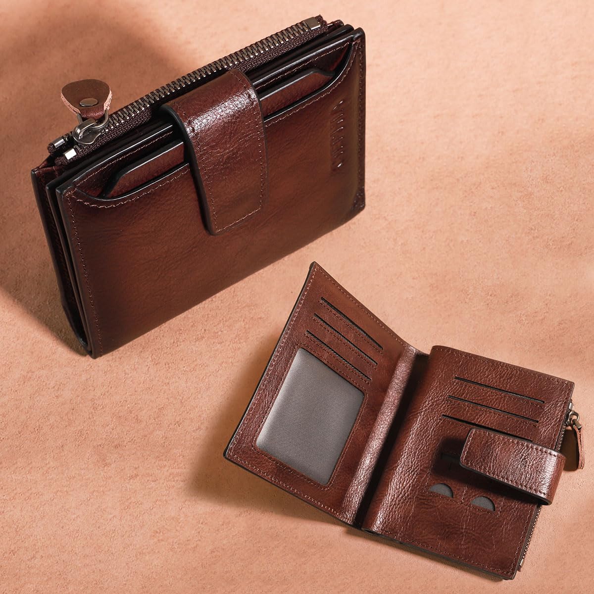 Men's Vintage RFID Blocking Bifold Wallet Genuine Leather with Zipper Coin Pocket Multi-Card Slots & ID Window (Coffee)