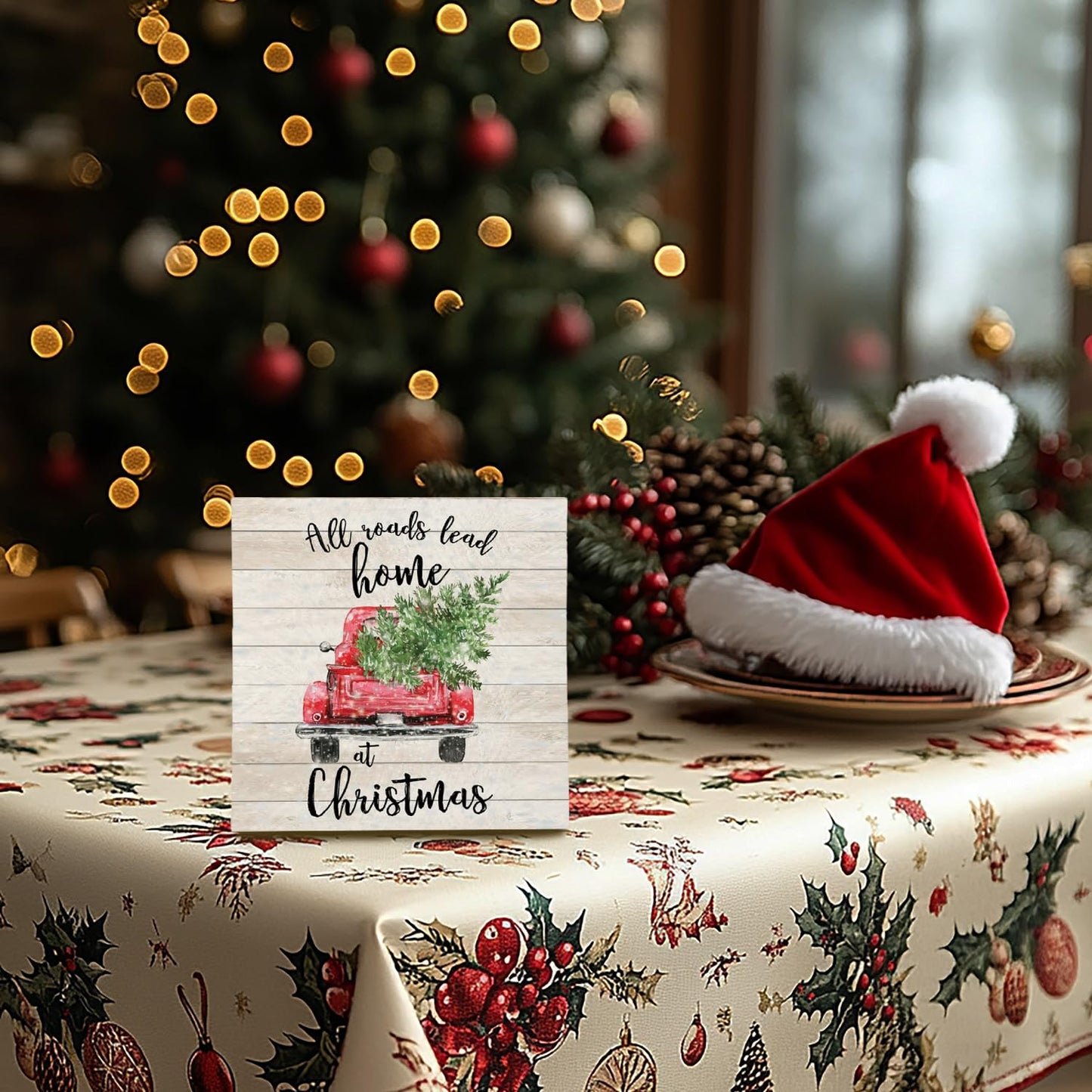 UNCDLV Rustic Christmas Decor, Red Truck with Christmas Tree Wood Sign Decor Gift for Women Men, Farmhouse Decorations for Home Office Desk Table Shelf Decorations 6x6 Inch