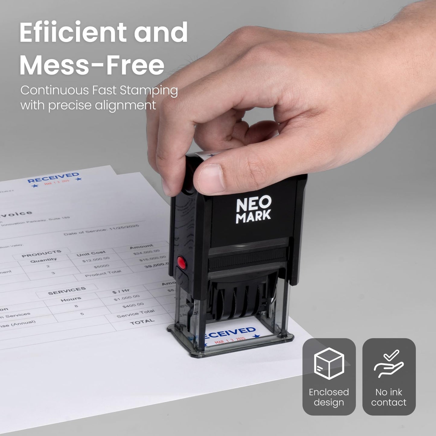 NEO MARK Self-Inking Date Office Stamp with Received Blue Ink & Date Red Ink, 12-Year Adjustable Rubber Dater, Ideal for Documents, Business & Accounting - with an Extra Refill Ink Pad
