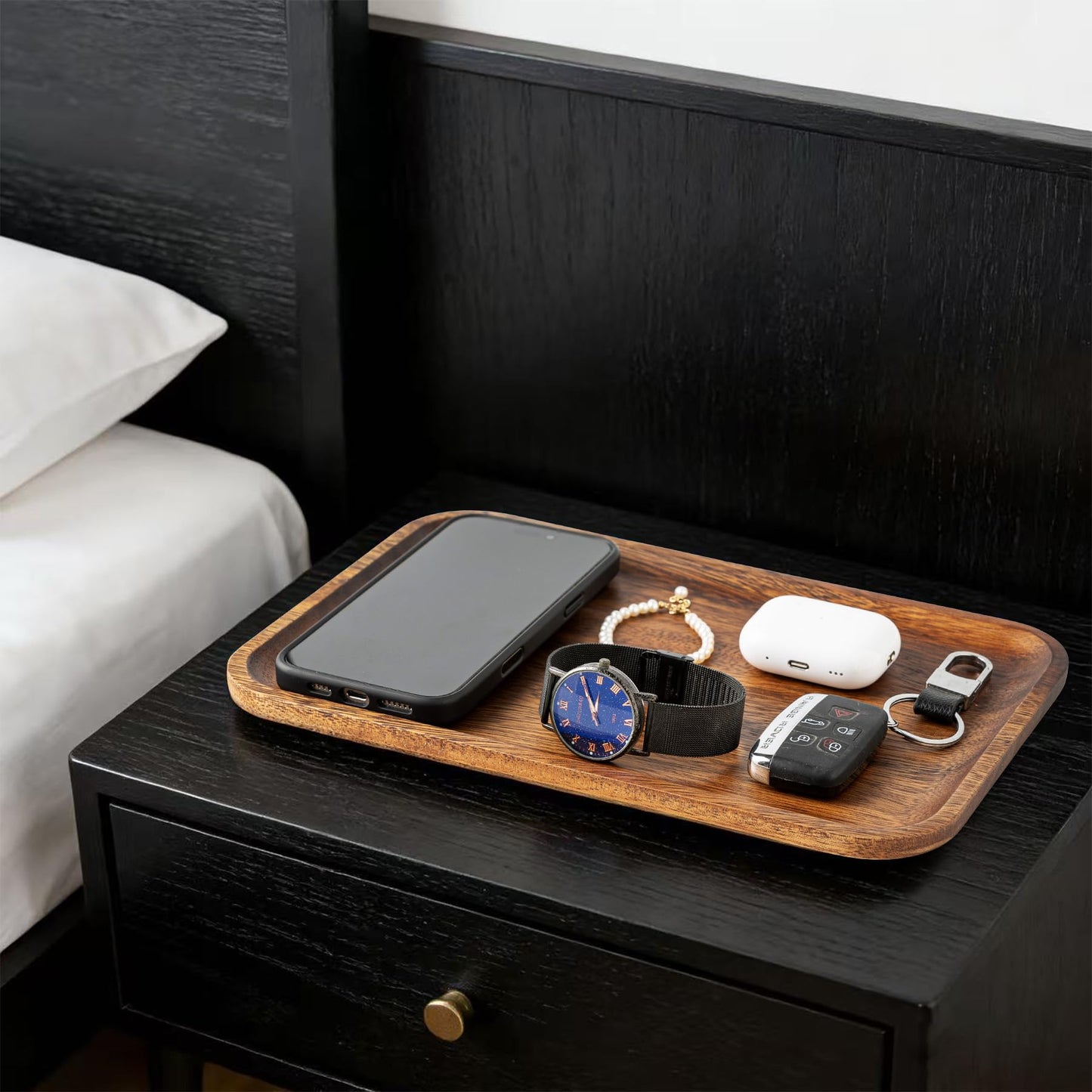 Velinjowy Serving Acacia Wood Valet Tray for Men Women, Catch All Acacia Mens Key Dump Bedside Nightstand Organizer EDC Decorative Wooden Tray for Phone Watch Wallet Keys Jewelry