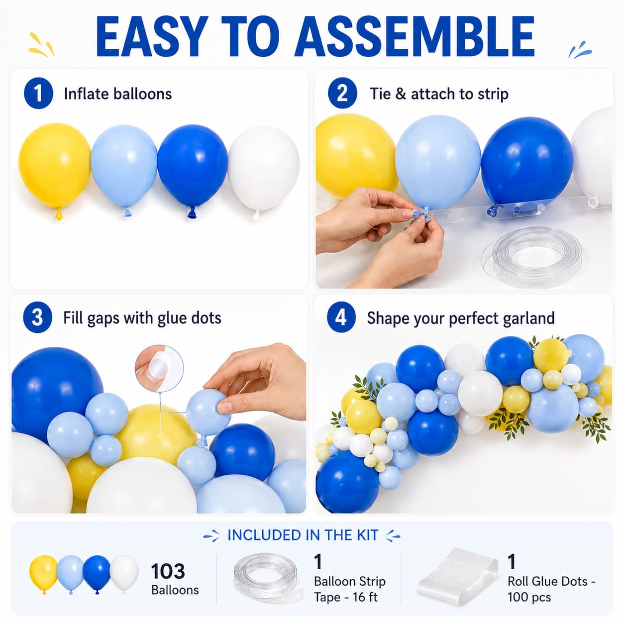 Blue White Yellow Balloon Arch Kit, Graduation Yellow Royal Blue Latex Party Balloons for Lemon Amalfi Coast Baby Shower Anniversary Birthday Wedding Graduation Party Decorations