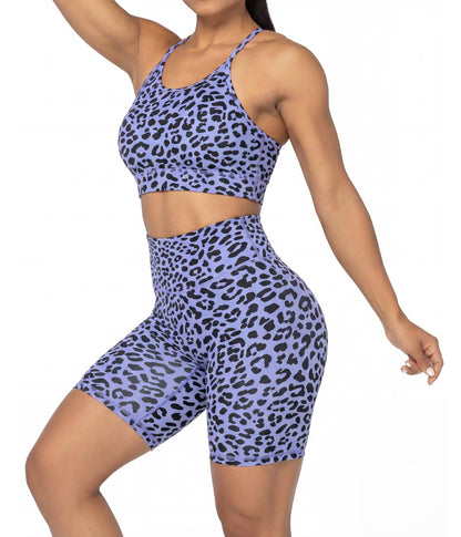 Sunzel 8" Waist Biker Shorts for Women No Front Seam Soft Yoga Workout Gym Bike Shorts Tummy Control Squat Proof Leopard Periwinkle X-Small