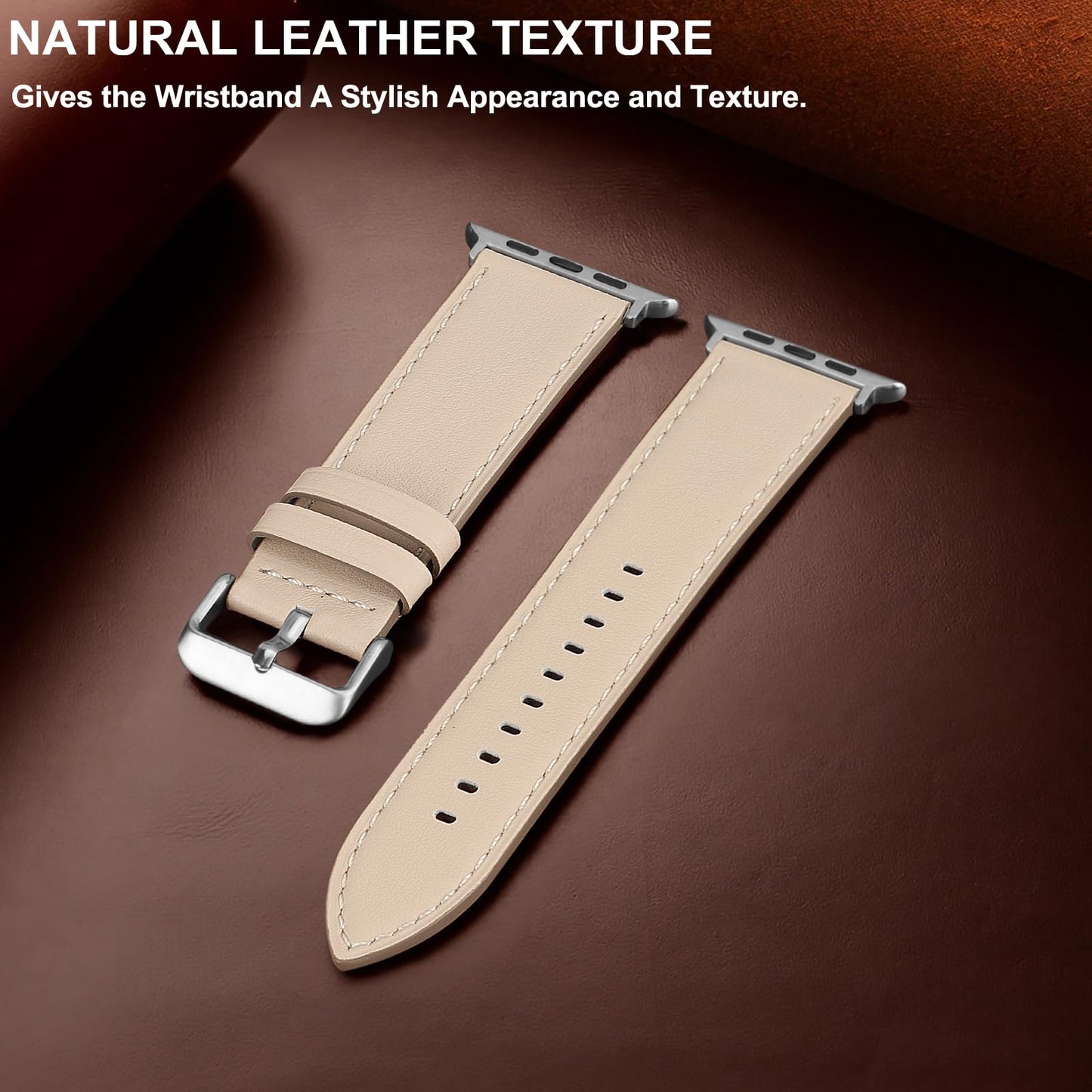 Bisikor Compatible with Apple Watch Band 49mm 46mm 45mm 44mm 42mm 41mm 40mm 38mm Genuine Leather Wristband Replacement Band for iWatch Ultra SE Series 10 9 8 7 6 5 4 3 (42/44/45/46/49, Starlight)