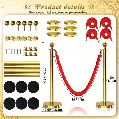 JLXMAXLJ 6PCS Gold Stanchions Posts with 4PCS 5 ft Red Velvet Rope, Red Velvet Rope Stanchion Set Crowd Control Barriers, Stanchions and Velvet Ropes Red Carpet Poles for Party Supplies