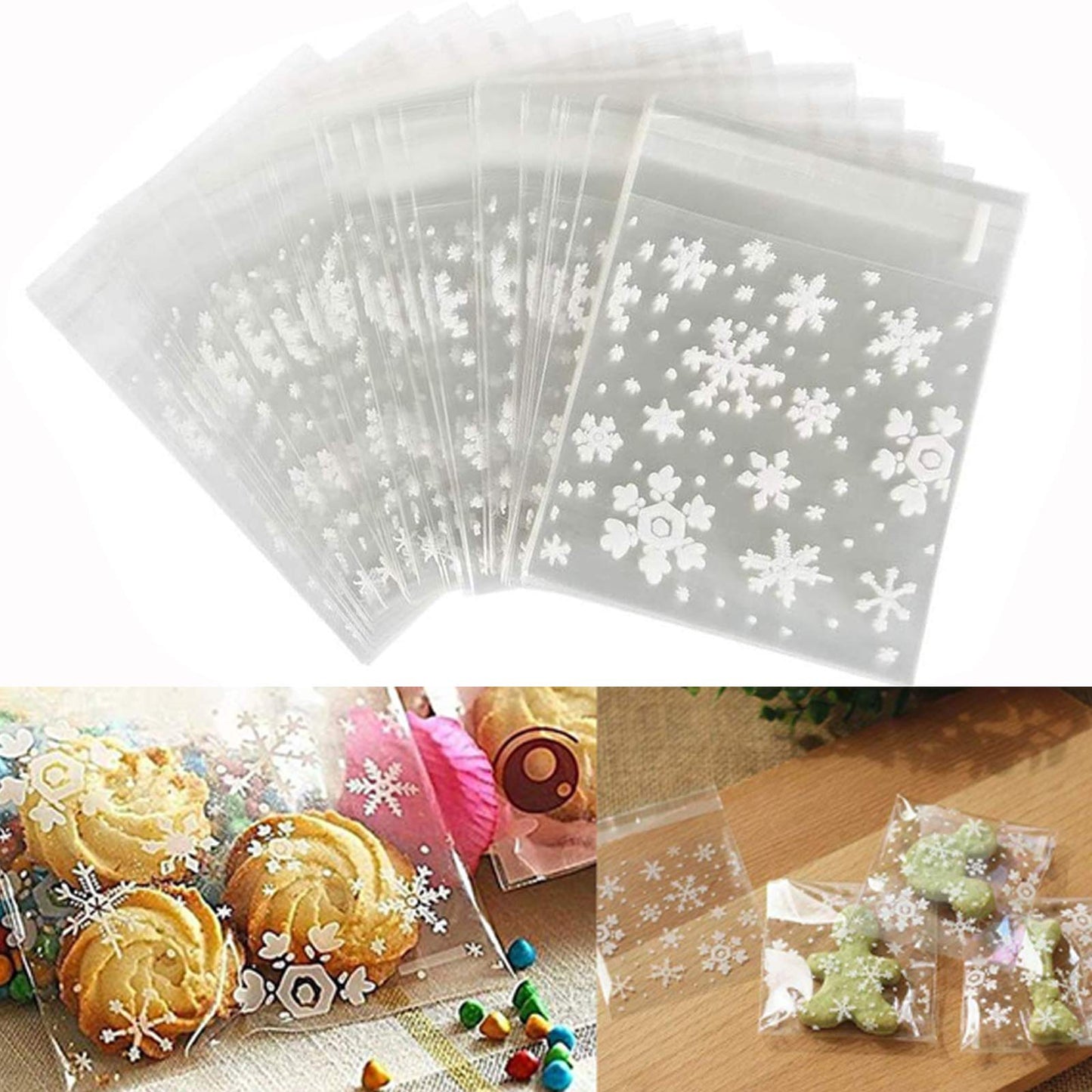 TAPEGO Snowflake Cookie Bags Christmas Cellophane Bags Candy Bakery Gift Bags Self Adhesive Resealable OPP Bags Christmas Party Supplies 100PCS