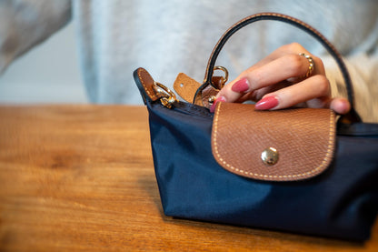 Mini Crossbody Bag | Genuine Leather Trimming | Snap & Zipper Closure | Fashionable | Water resistant | Phone Pouch | Lightweight | Cosmetic Bag | Adjustable Strap Included (Navy Blue)