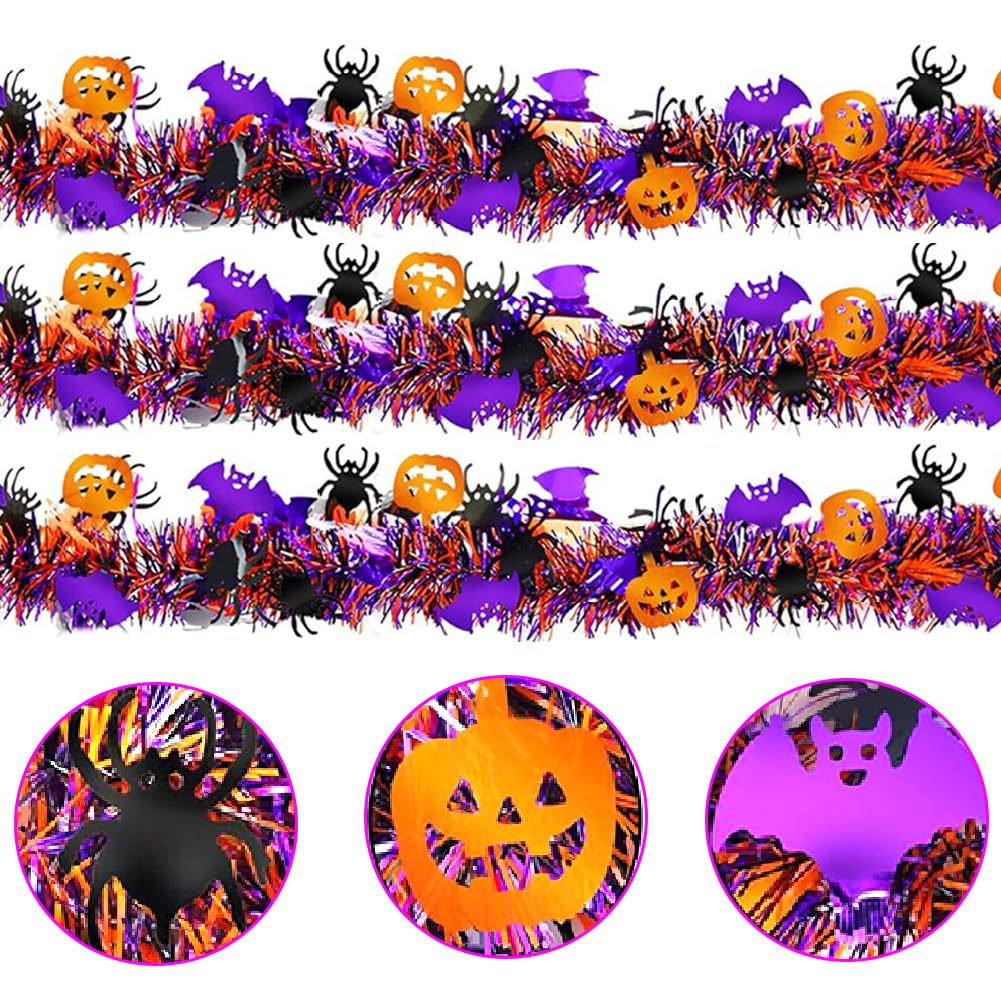 33 Ft Halloween Tinsel Garland with Orange Pumpkin Black Spider Purple Bat Glitter Fall Tinsel Garland Halloween Tree Ornaments for Home Indoor Outdoor Party Decorations