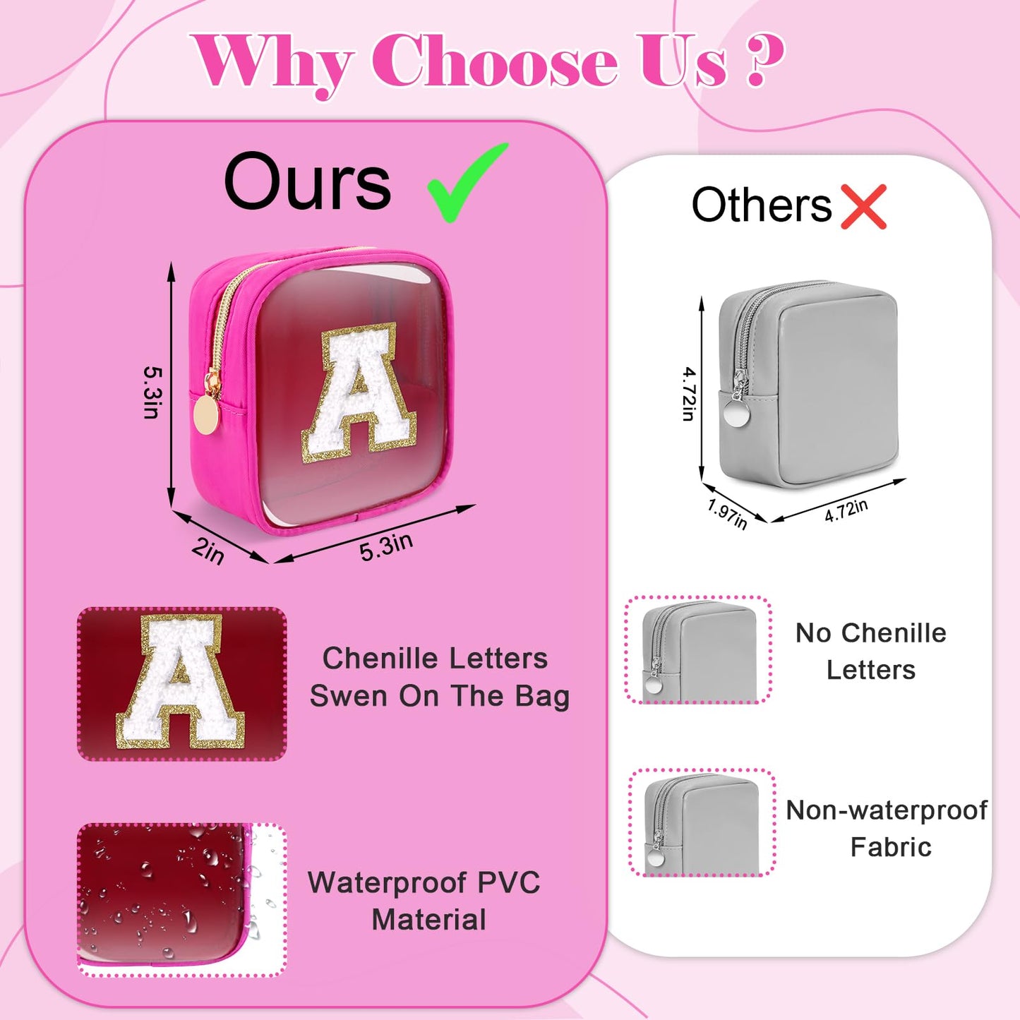 Personalized Initial Letter Clear Preppy Makeup Bag,Mini Nylon Chenille Letter Cosmetic Bag Cute Zipper Pouch Coin Purse for Teen Girls,Portable TSA Approved Travel Essentials Bag Gift for Women,F