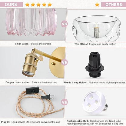 Plug in Wall Sconces Set of 2, Vintage Wall Sconce Light with Tulip Pink Glass Lampshade, 180° Adjustable Wall Sconce with Switch and Plug in wall lamp Cord, Gold Wall Light Wall Decor Set of 2