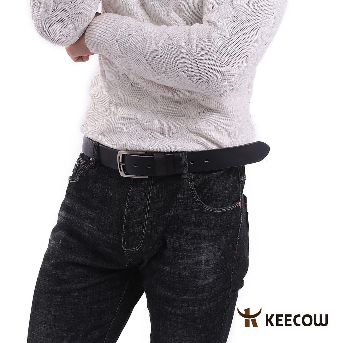KEECOW Men's 100% Italian Cow Leather Belt Men With Anti-Scratch Buckle,Packed in a Box (Black-1001, 38-42)