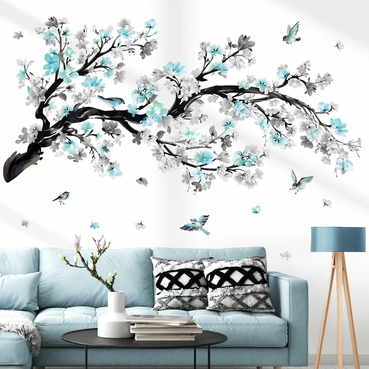 wondever Watercolor Blue Flower Branch Wall Stickers Blossom Tree Floral Birds Peel and Stick Wall Art Decals for Living Room Bedroom Sofa Background