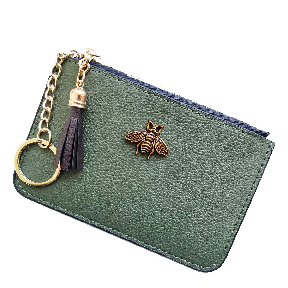 AnnabelZ Women's Coin Purse Change Wallet Pouch Leather Card Holder with Key Chain Tassel Zip (CH Army Green)