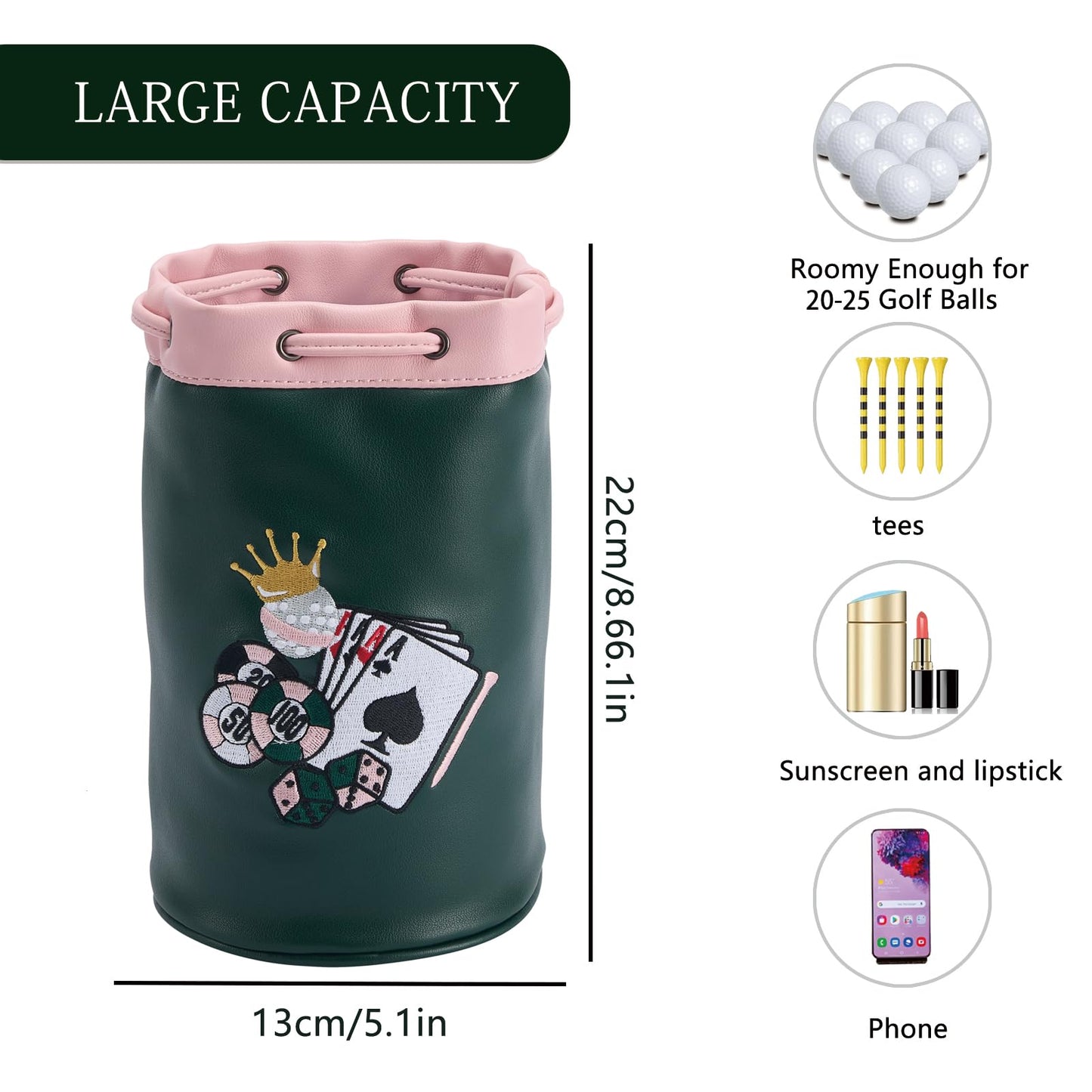 CROWNBLANKS PINKTEE Golf Valuables Pouch Leather Golf Tee/Ball Bag with Drawstrings Bucket Waist Design, Golf Accessories Organizer for Women Men(CASINO QUEEN)